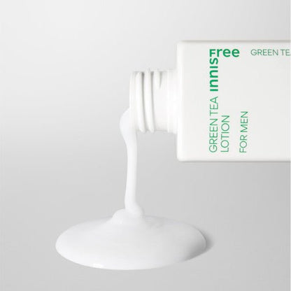 White lotion pouring from a green tea skincare bottle for men, highlighting moisturizing and smooth texture benefits