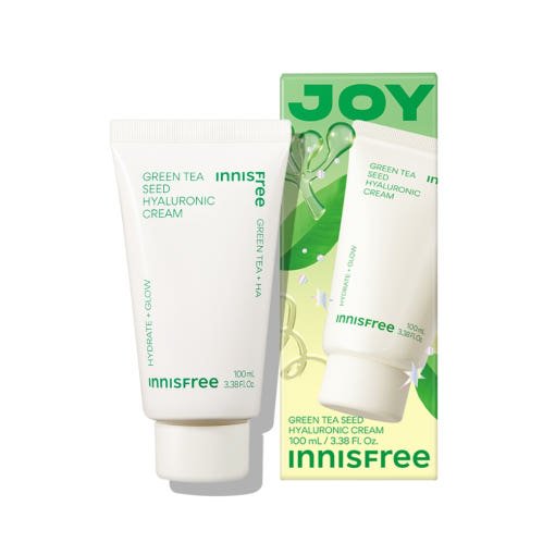 White tube of hydrating green tea seed hyaluronic cream with green and beige packaging featuring water droplets design