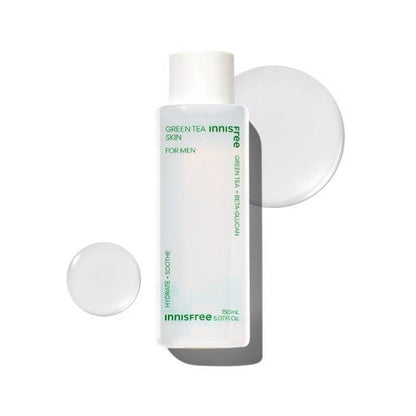 Clear bottle of lightweight green tea hydrating skin toner for men with smooth watery texture drops on white surface