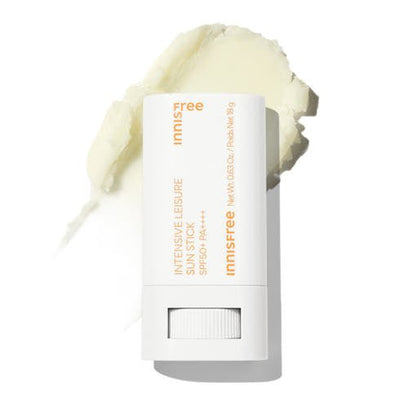 White sun stick container with smooth pale cream swatch showing high SPF50+ protection properties