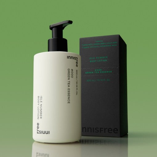Matte cream-colored lotion bottle with black pump and dark green box, highlighting hydrating green tea essence formula
