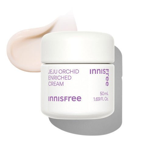 White jar of enriched cream with purple text beside smooth light beige cream swatch on white background