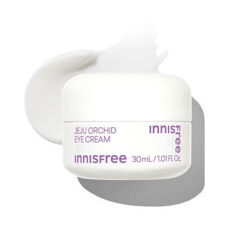 White jar of innisfree eye cream with smooth cream swatch highlighting hydration boost benefits