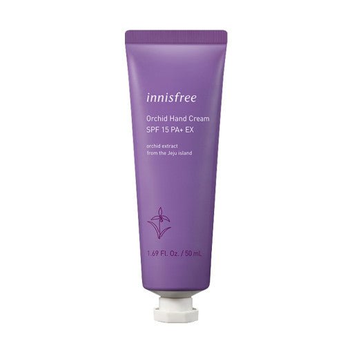Purple tube of moisturizing hand cream with SPF15 and orchid extract text on plain white background
