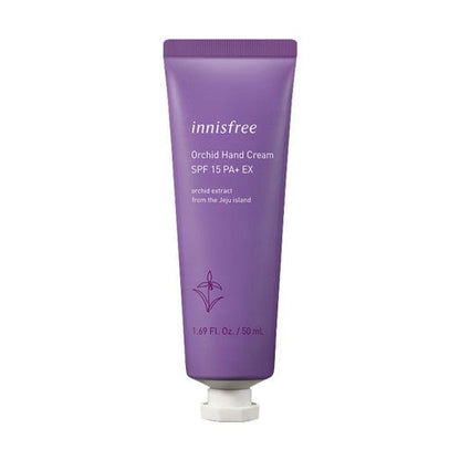 Purple tube of moisturizing hand cream with SPF15 and orchid extract text on plain white background
