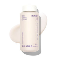 Minimalist bottle of innisfree Jeju Orchid Lotion with smooth lotion texture swatch highlighting nourishing benefits
