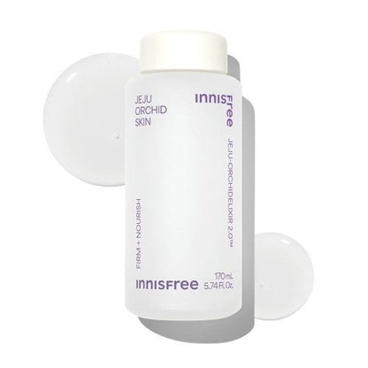 Minimalist white bottle of hydrating skin essence with orchid extract and clear liquid droplets on white background