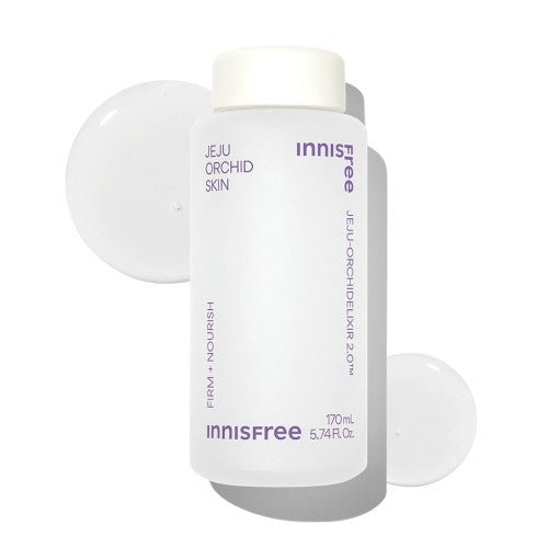 Clear white bottle of innisfree Jeju Orchid Skin with purple text and clear serum drops highlighting hydration benefits
