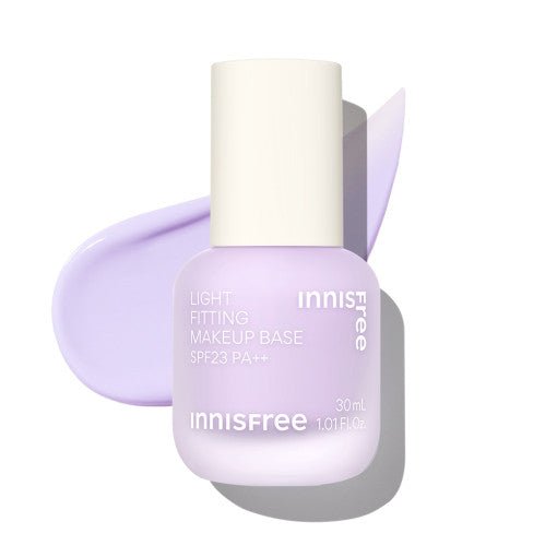 Purple-tinted lightweight makeup base bottle with SPF23 PA++ and smooth swatch on a white background