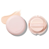 Soft pink cushion compact and puff with natural glow cream swatch on white background