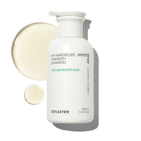 White pump bottle of strength shampoo with creamy liquid drops emphasizing deep cleansing benefits