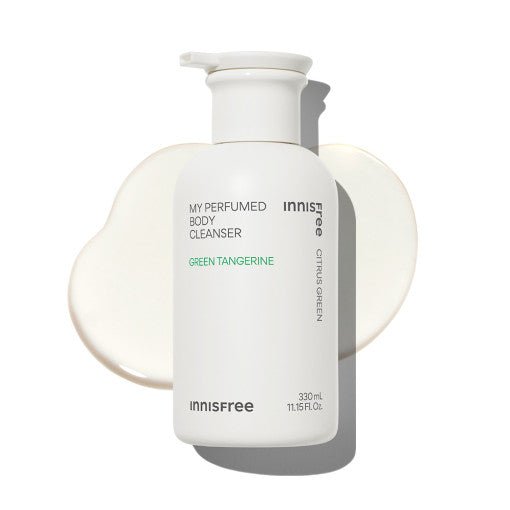 White bottle of green tangerine scented body cleanser with smooth cream background highlighting effective cleansing