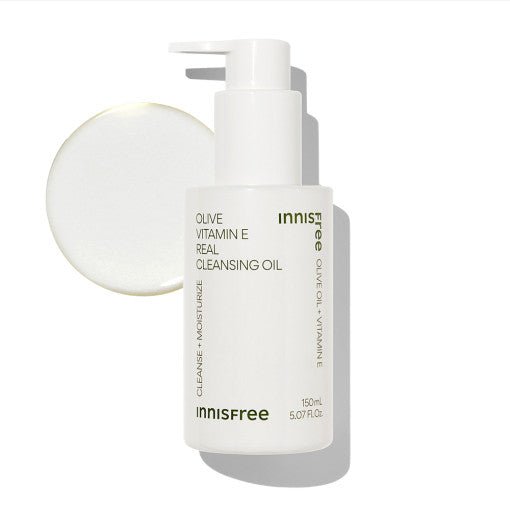 White pump bottle of moisturizing cleansing oil with olive and vitamin E on a bright white background
