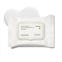 White resealable pack of cleansing tissues with smooth cream texture swatch in the background for convenient cleaning use