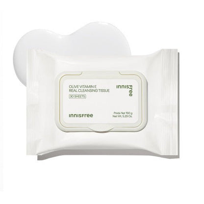 White resealable pack of cleansing tissues with smooth cream texture swatch in the background for convenient cleaning use