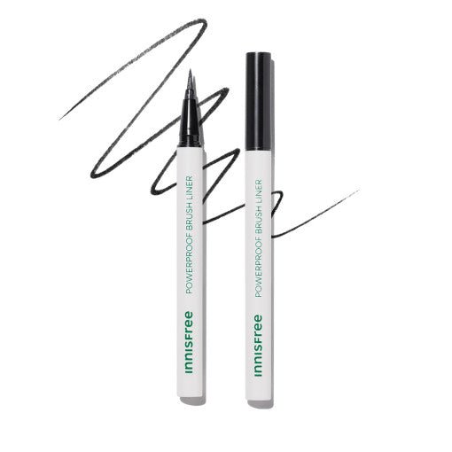 Two white slim brush liners with black caps and bold black strokes illustrating precise, smooth lines on white background