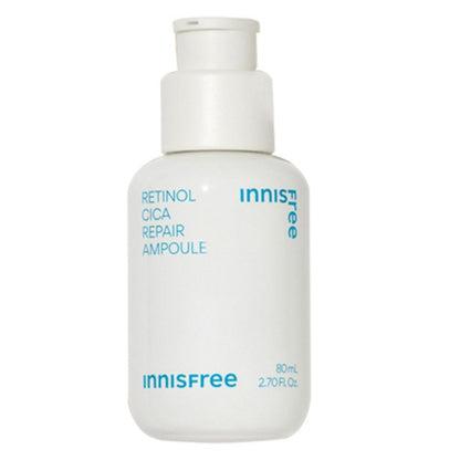 White ampoule bottle with minimalist blue lettering highlighting retinol and cica for moisture amplification benefits