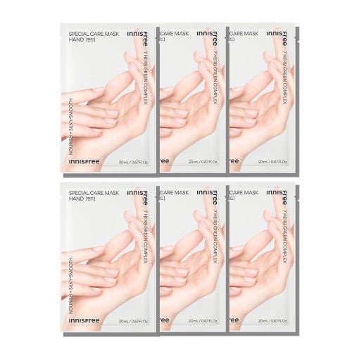 Six individual packets of innisfree hand masks showing hands applying moisture for intense hydration benefits