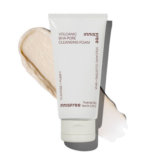 Tube of innisfree cleansing foam with creamy beige texture swatch highlighting deep pore cleansing benefits