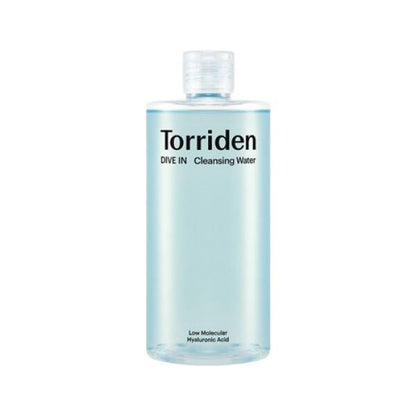 Torriden Dive-In Low Molecular Hyaluronic Acid Cleansing Water 400ml – a vegan formula packaged in a clear light blue bottle.