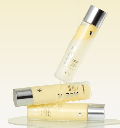 medicube AGE-R Glutathione Glow Toner 140ml with brightening effect shown with liquid pouring between sleek bottles
