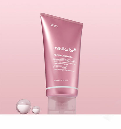 medicube AGE-R PDRN Booster Gel 300ml in pink tube with calming effect displayed against soft pink background