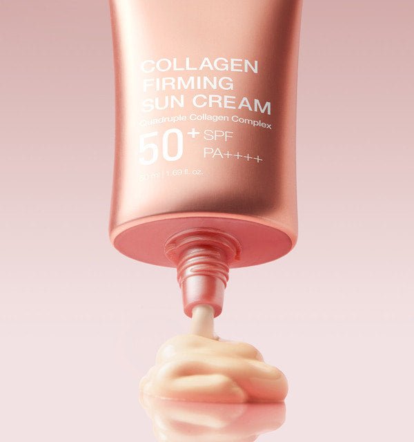 medicube Collagen Firming Sun Cream 50ml rose gold tube dispensing cream with high protection SPF50 PA++++ details