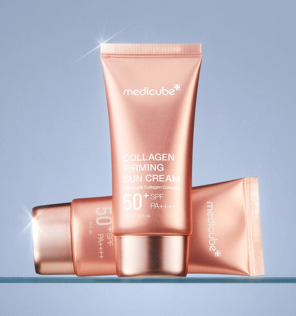 medicube Collagen Firming Sun Cream 50ml in elegant rose gold tubes with high SPF 50+ PA++++ for advanced skin protection