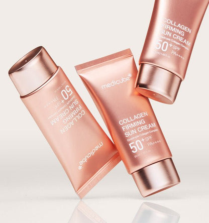 medicube Collagen Firming Sun Cream 50ml in rose gold tubes providing high protection with collagen complex and SPF 50+ PA++++