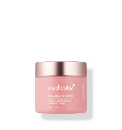 medicube Collagen Jelly Cream 50ml in pink jar with rose gold lid for anti-aging collagen skincare benefits