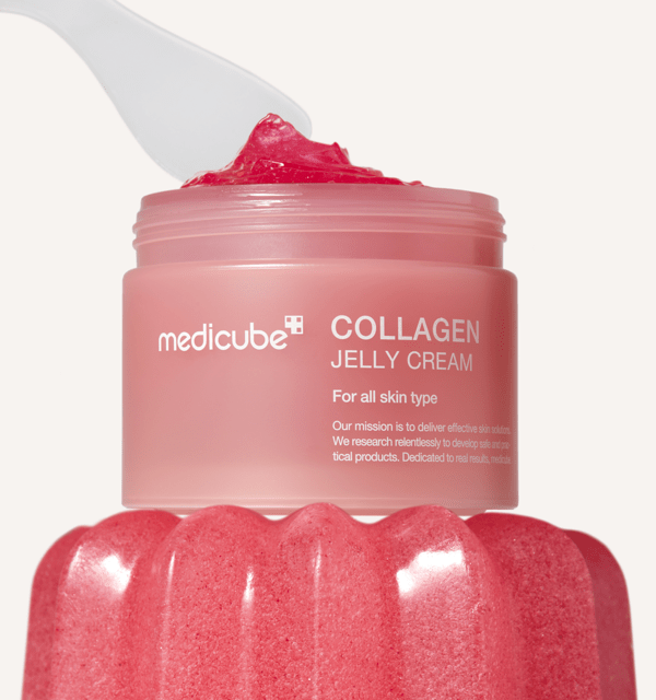 medicube Collagen Jelly Cream 50ml in pink jar with vibrant jelly texture for anti-aging skincare benefits