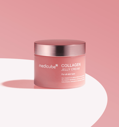 medicube Collagen Jelly Cream 50ml in pink jar with metallic lid shown for anti-aging skin hydration benefits