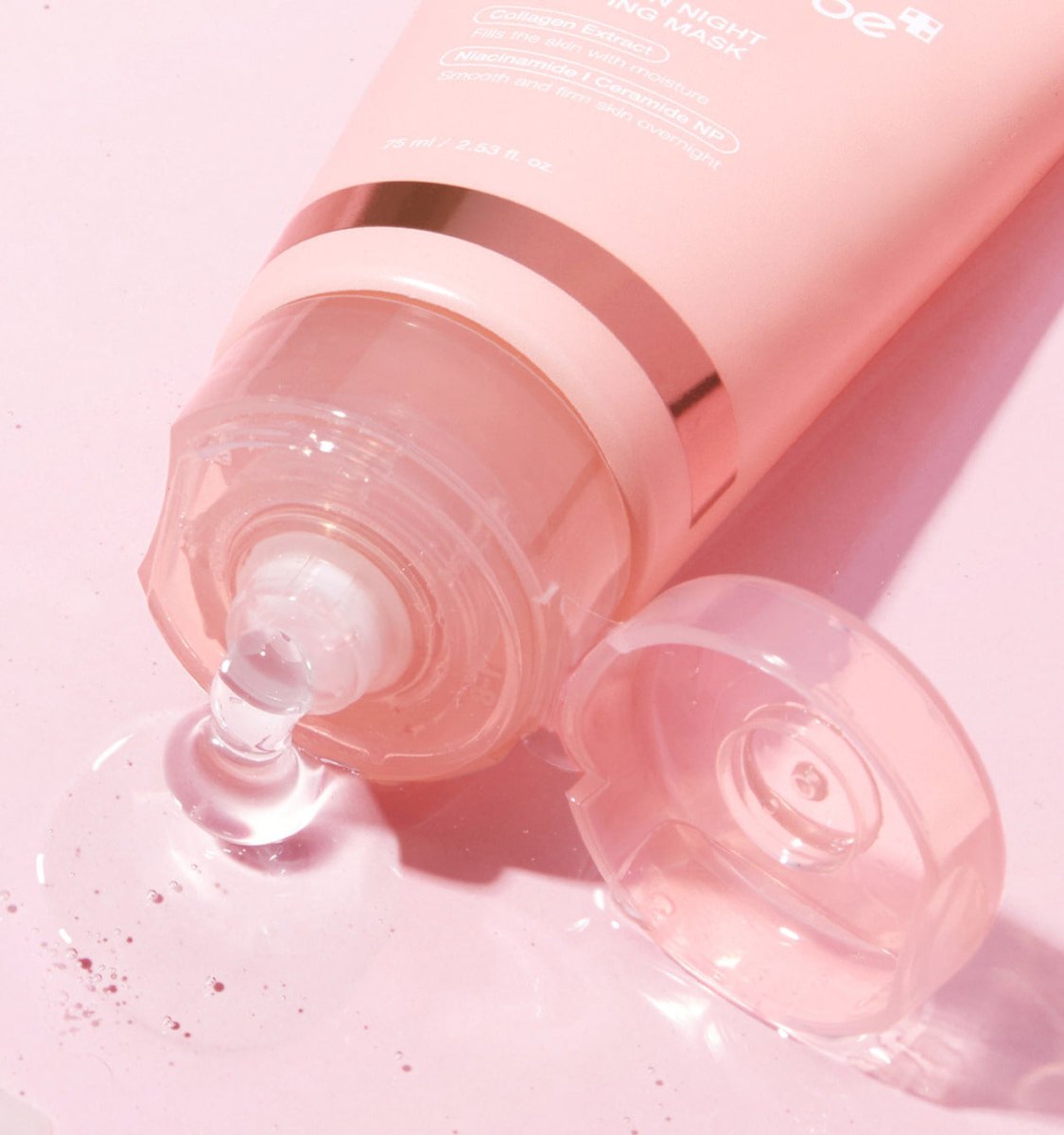 medicube Collagen Night Wrapping Mask 75ml in soft pink tube dispensing clear gel for enhanced elasticity and night care