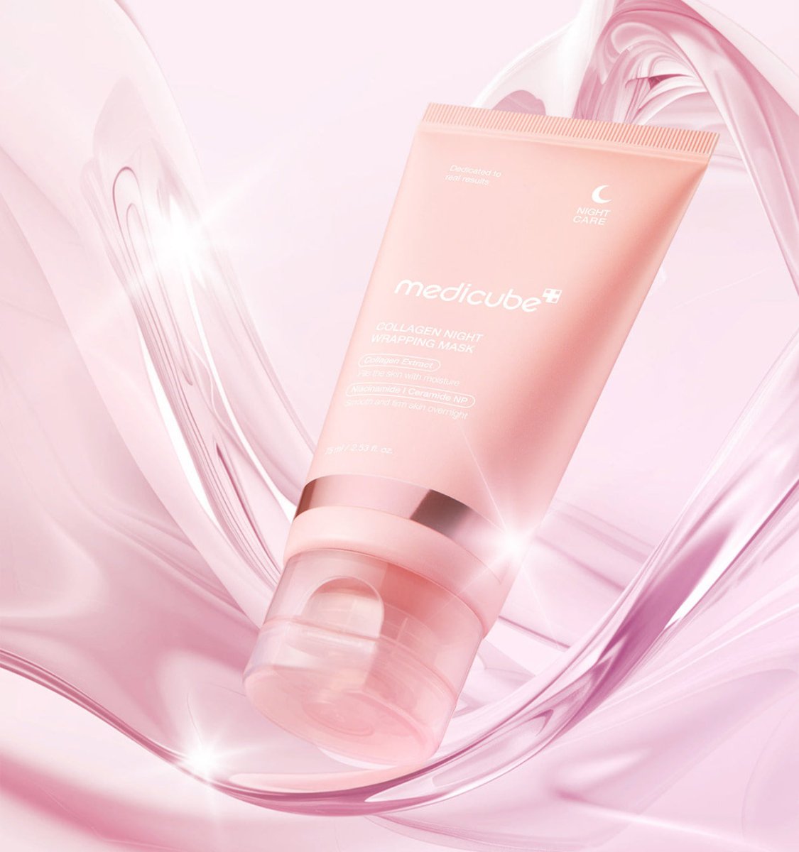 medicube Collagen Night Wrapping Mask 75ml in pink tube with enhanced elasticity formula for nighttime skin care