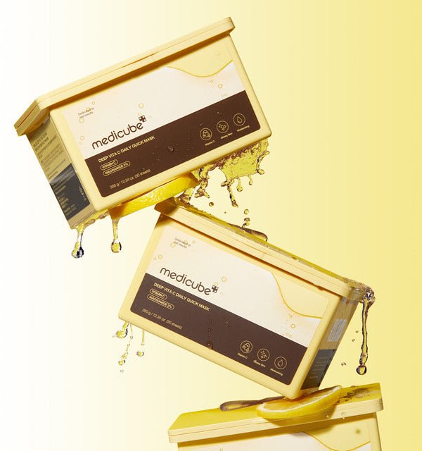 medicube Deep Vita C Daily Quick Mask 350ml/30Sheets in yellow containers with brightening skincare droplets and lemon slices