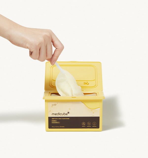medicube Deep Vita C Daily Quick Mask 350ml/30Sheets in yellow container with hand lifting sheet mask for brightening effect
