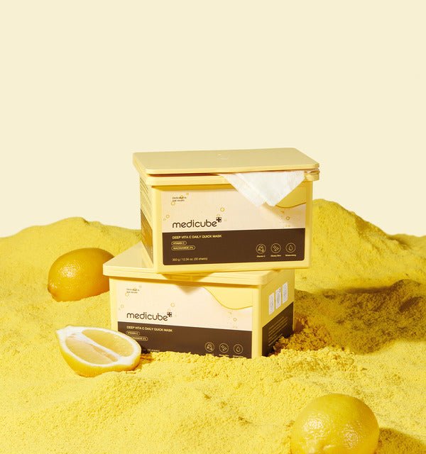 medicube Deep Vita C Daily Quick Mask 350ml/30Sheets container with brightening mask sheets amid lemons and yellow powder