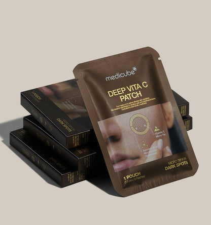 medicube Deep Vita C Patch 1box(17mm*6ea) packaging with close-up skin illustration targeting fading hyperpigmentation