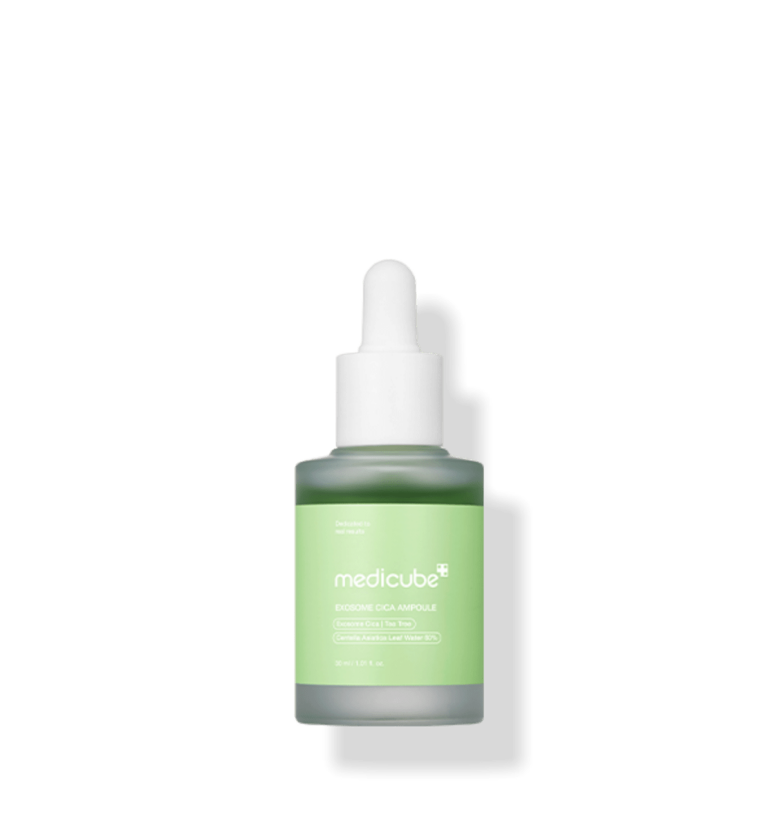 medicube Exosome Cica Ampoule 30ml in frosted bottle with green label for rapid relief and soothing skin care benefits