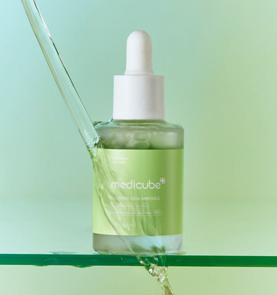 medicube Exosome Cica Ampoule 30ml with water flowing over green label highlighting rapid relief benefits