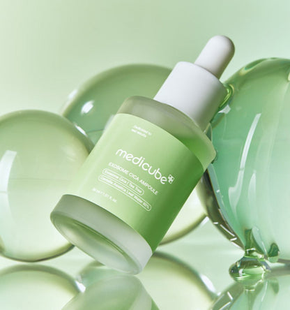 medicube Exosome Cica Ampoule 30ml in frosted green bottle with dropper for rapid soothing relief