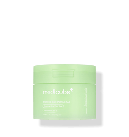medicube Exosome Cica Calming Pad 150ml/100 Pads in pale green jar for gentle exfoliation and soothing care