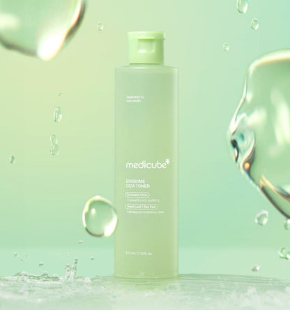 medicube Exosome Cica Toner 210ml in translucent green bottle with soothing and calming skin care formula
