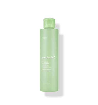 medicube Exosome Cica Toner 210ml in light green bottle with soothing effect for calming and hydrating skin care