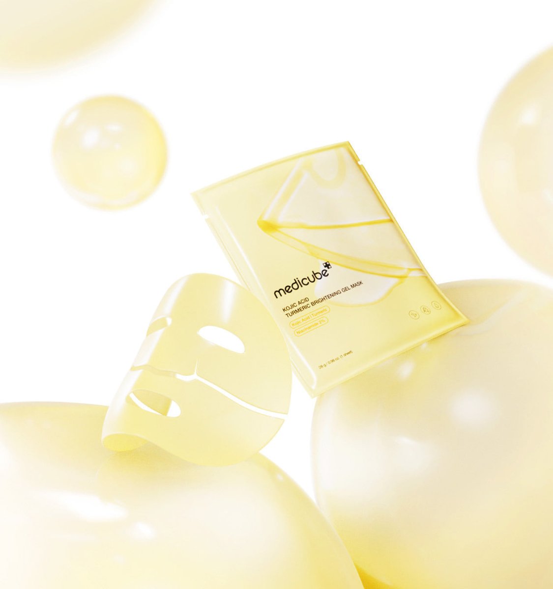 medicube Kojic Acid Turmeric Brightening Gel Mask 28g*4ea in yellow packaging with translucent mask and brightening effect