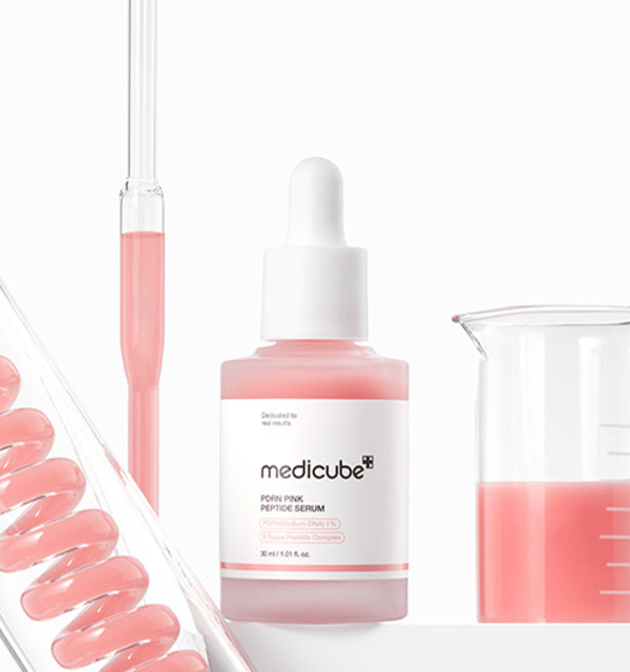 medicube PDRN Pink Peptide Serum 30ml bottle with pink serum in pipette and beaker promoting enhanced elasticity