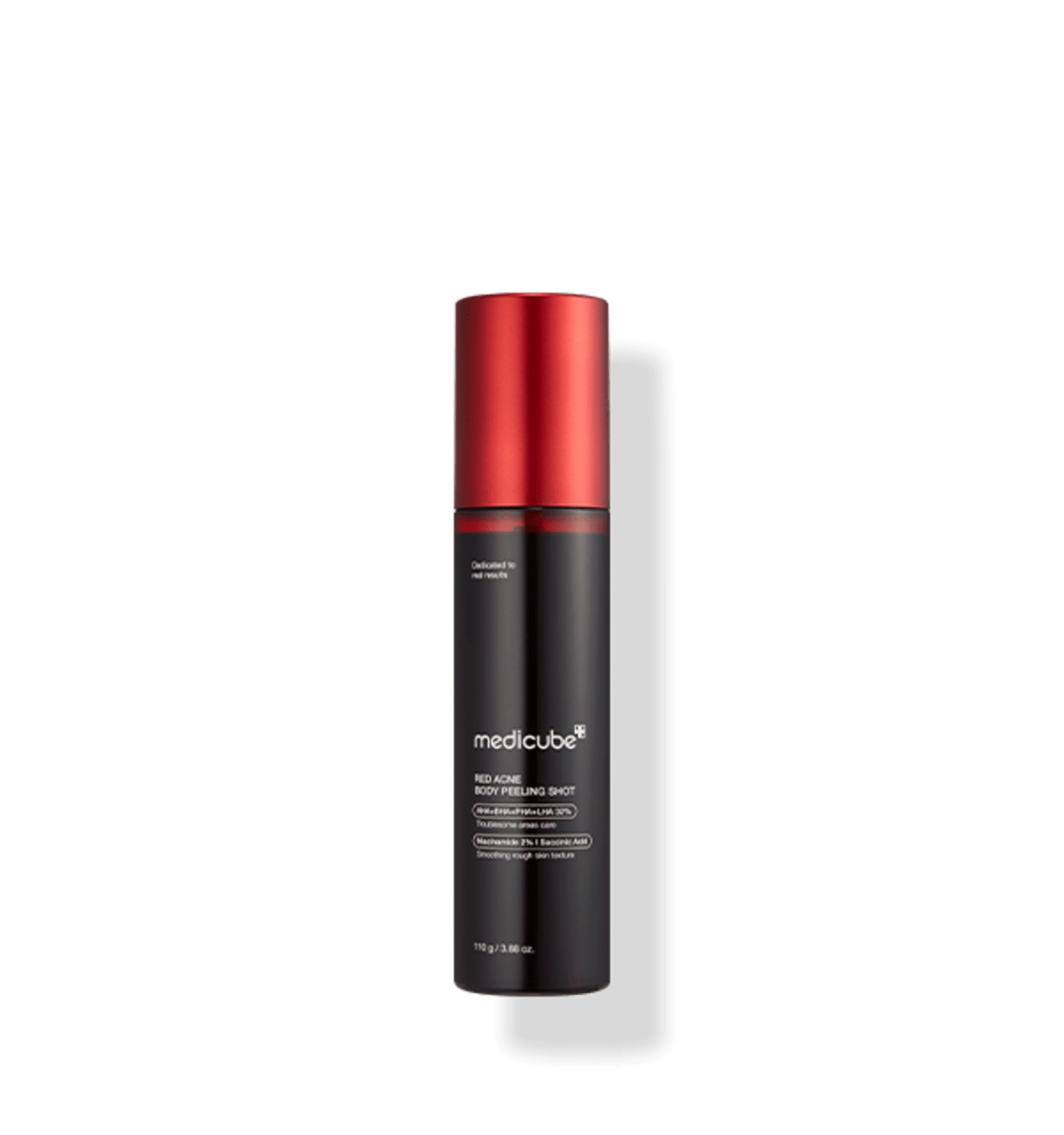 medicube Red Acne Body Peeling Shot 110g with red cap and black bottle for effective exfoliation and peeling care