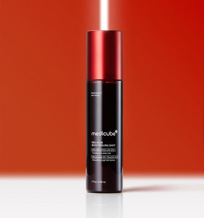 medicube Red Acne Body Peeling Shot 110g in sleek black and red bottle with effective peeling for smoother skin texture