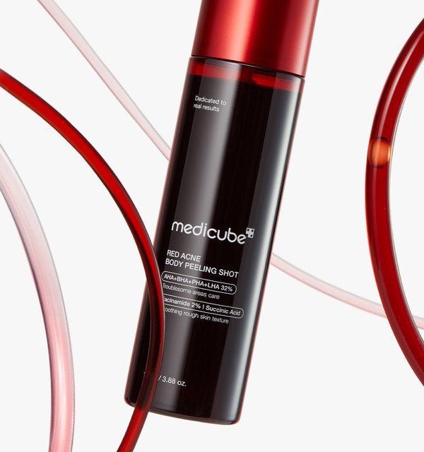 medicube Red Acne Body Peeling Shot 110g in dark red bottle with glossy finish for effective peeling care