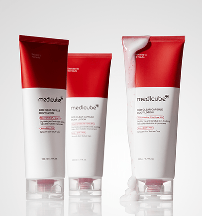 medicube Red Clear Capsule Body Lotion 230ml with smooth texture shown with creamy lotion flowing down the tube
